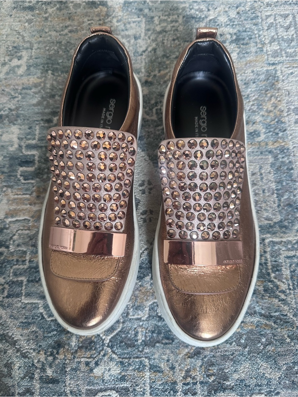Sergio Rossi Rose Gold Crystal-Embellished Slip-On Sneakers